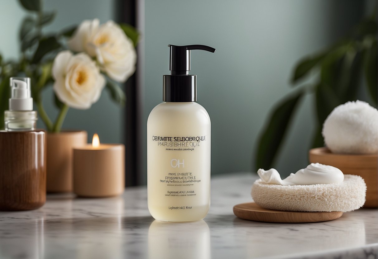 A bottle of moisturizer labeled "Dermite Séborrhéique" sits on a bathroom counter, surrounded by soothing skincare products and a soft towel