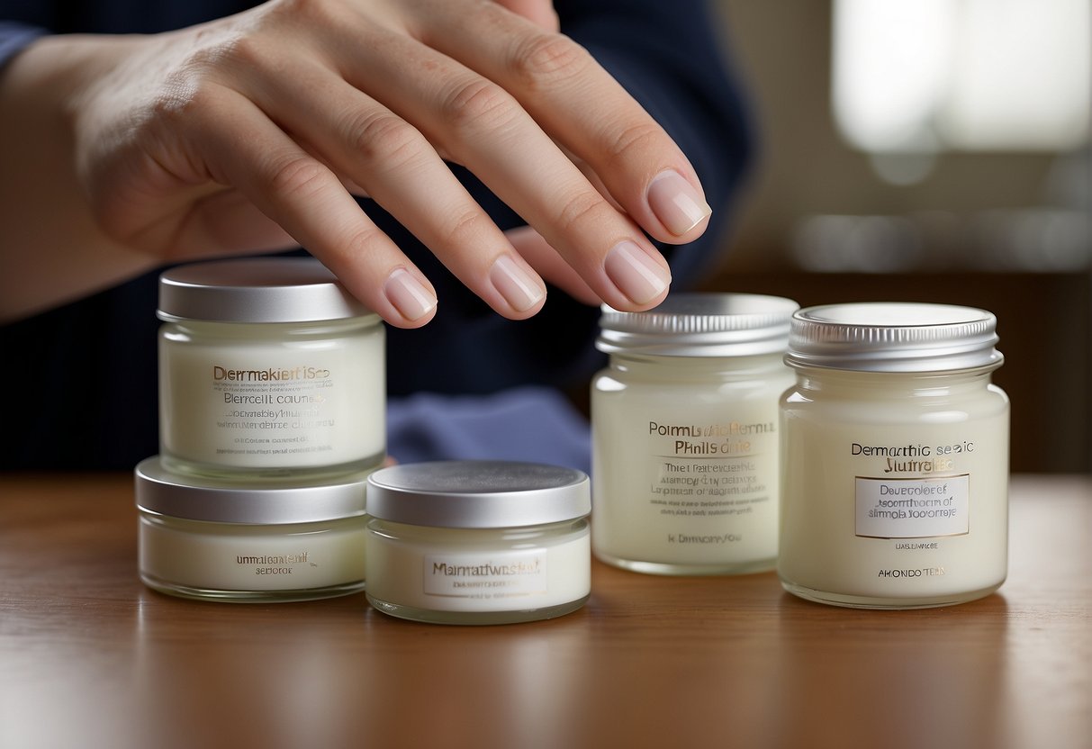 A hand reaching for various moisturizing creams, labels reading "dermatitis seborrheic" for an illustrator to recreate