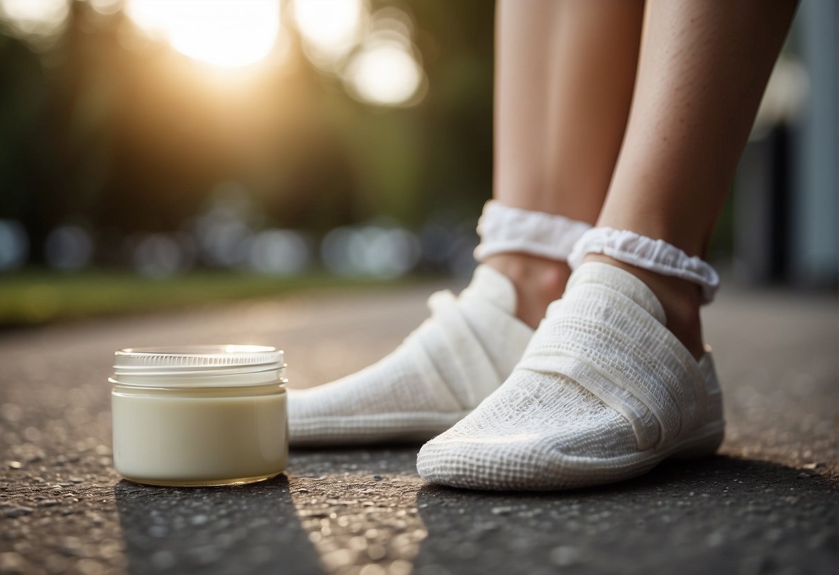 A foot in bandages with moisturizing creams nearby