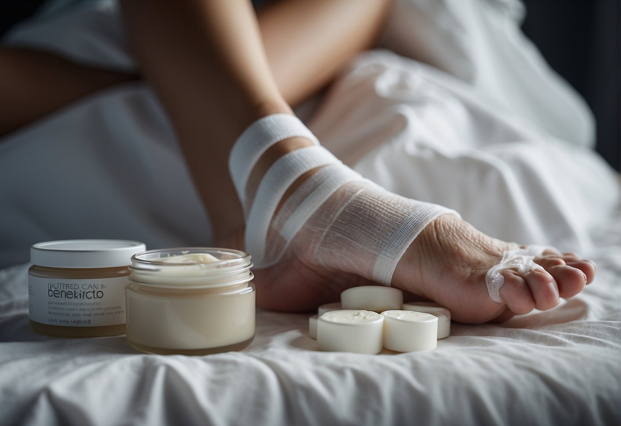 A foot in bandages with various moisturizing creams displayed, post-operative hydration scene for an illustrator to recreate