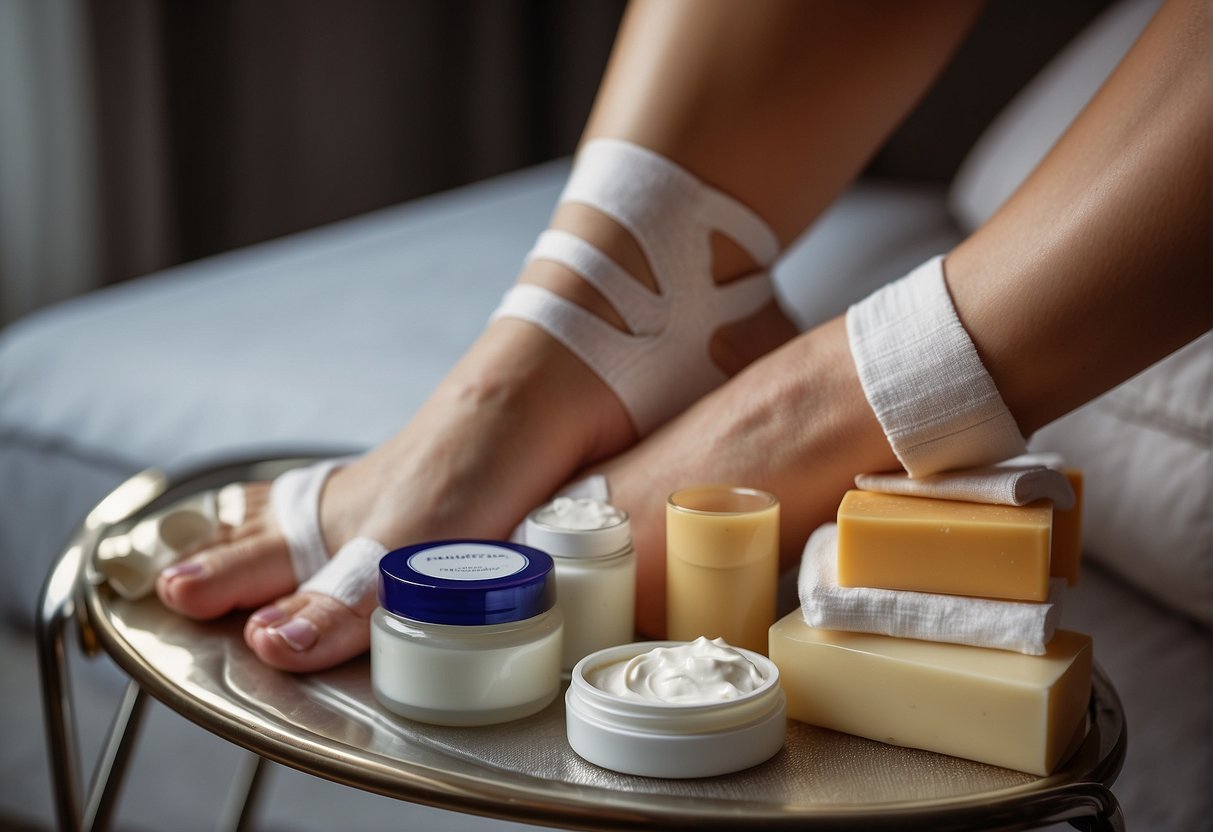 A foot with bandages resting on a cushion, surrounded by various moisturizing creams and lotions for post-operation care