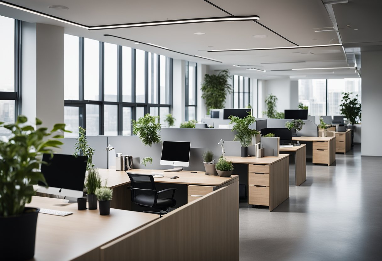 A modern office with sleek furniture, large windows, and plants. A minimalist color scheme with pops of vibrant accents. Open layout with designated work areas and collaborative spaces
