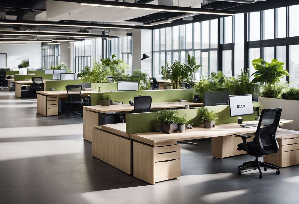 A modern office space with adjustable desks, personalized workstations, and flexible seating arrangements. Natural light floods the open layout, with greenery and modern decor creating a welcoming and adaptable environment
