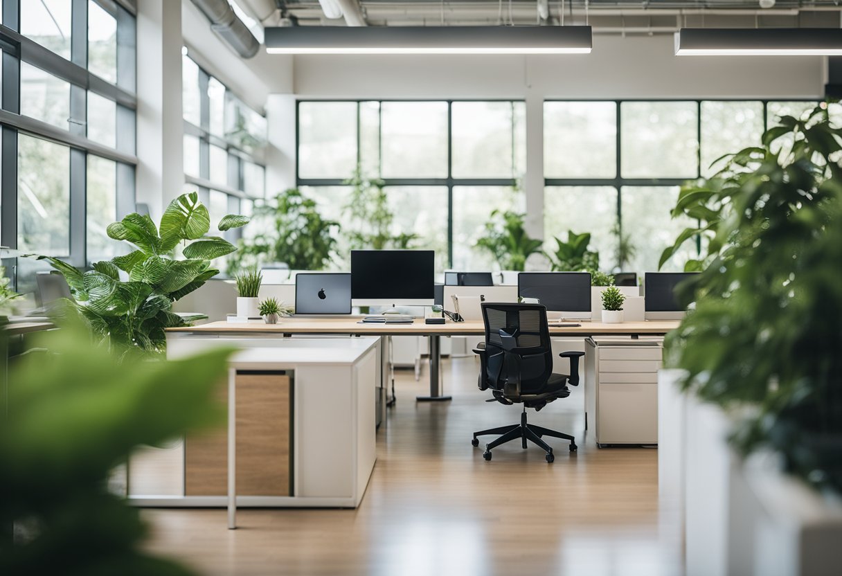 A bright, open office space with ergonomic furniture, natural lighting, and greenery. A designated relaxation area with comfortable seating and calming decor