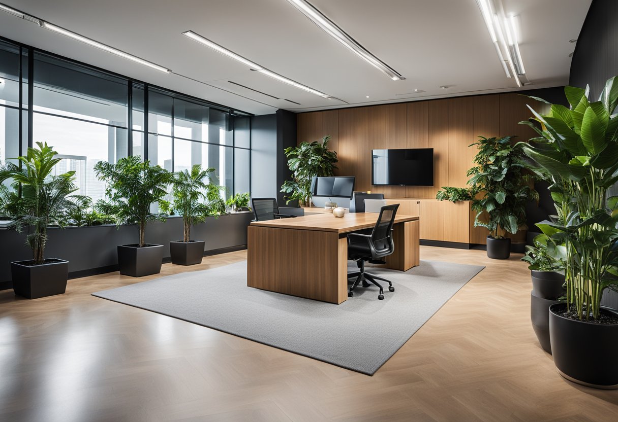 A modern office with sleek, minimalist furniture and natural lighting. Use glass, metal, and wood for materials. Incorporate plants for a touch of greenery