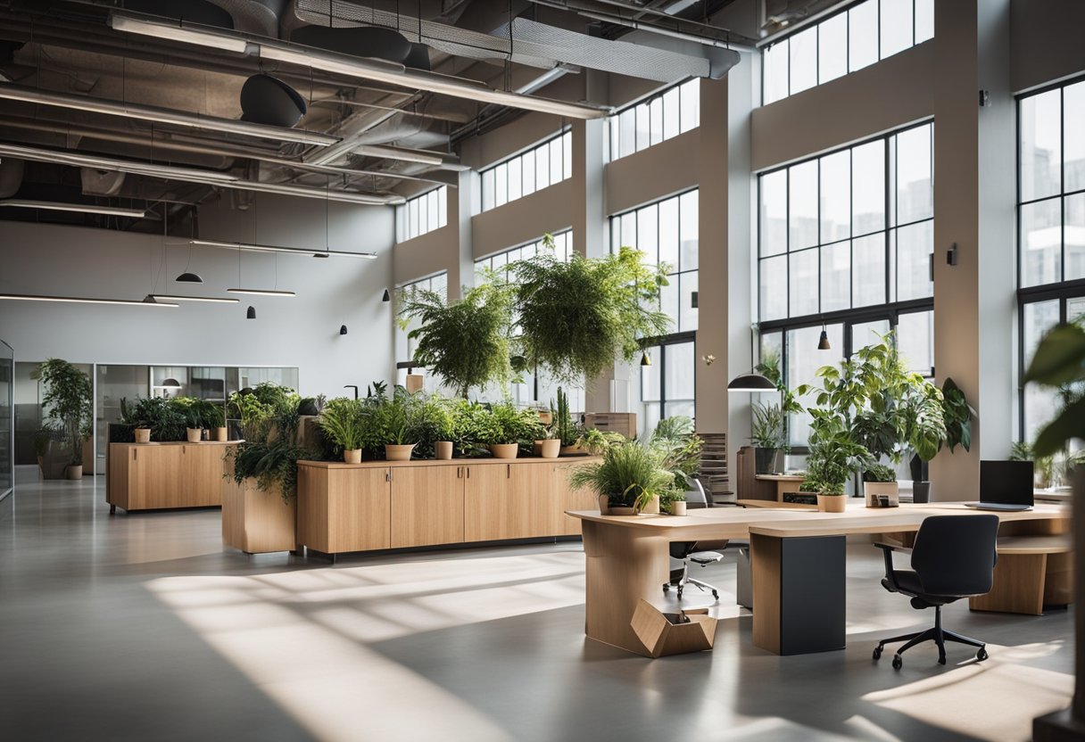 An open office with natural lighting, recycled materials, and indoor plants. Energy-efficient lighting and eco-friendly furniture. Recycling bins and composting stations