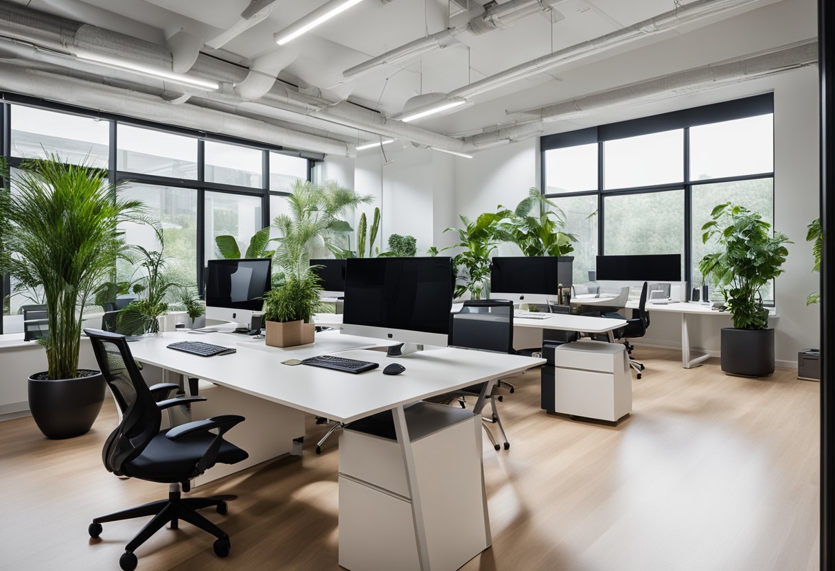 The office interior features modern furniture, sleek desks, and ergonomic chairs. Large windows let in natural light, and plants add a touch of greenery. The color scheme is neutral with pops of vibrant accents
