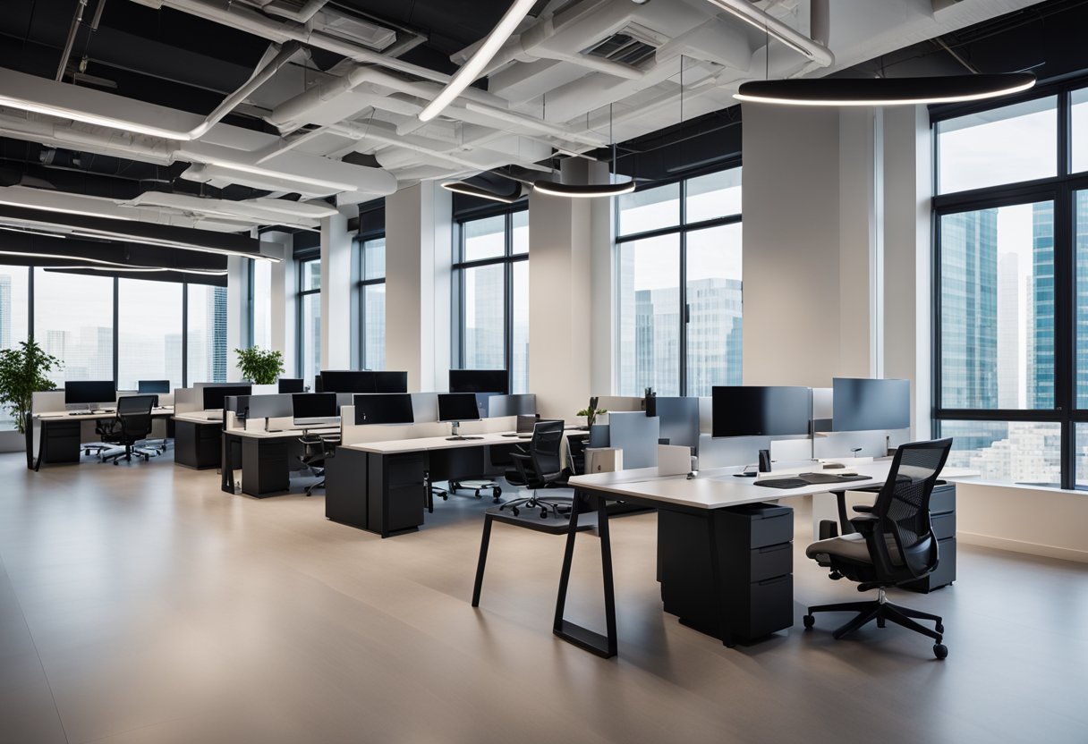 A modern, open-concept office space with sleek furniture, large windows, and vibrant accent colors. Multiple workstations, collaborative areas, and a central meeting space