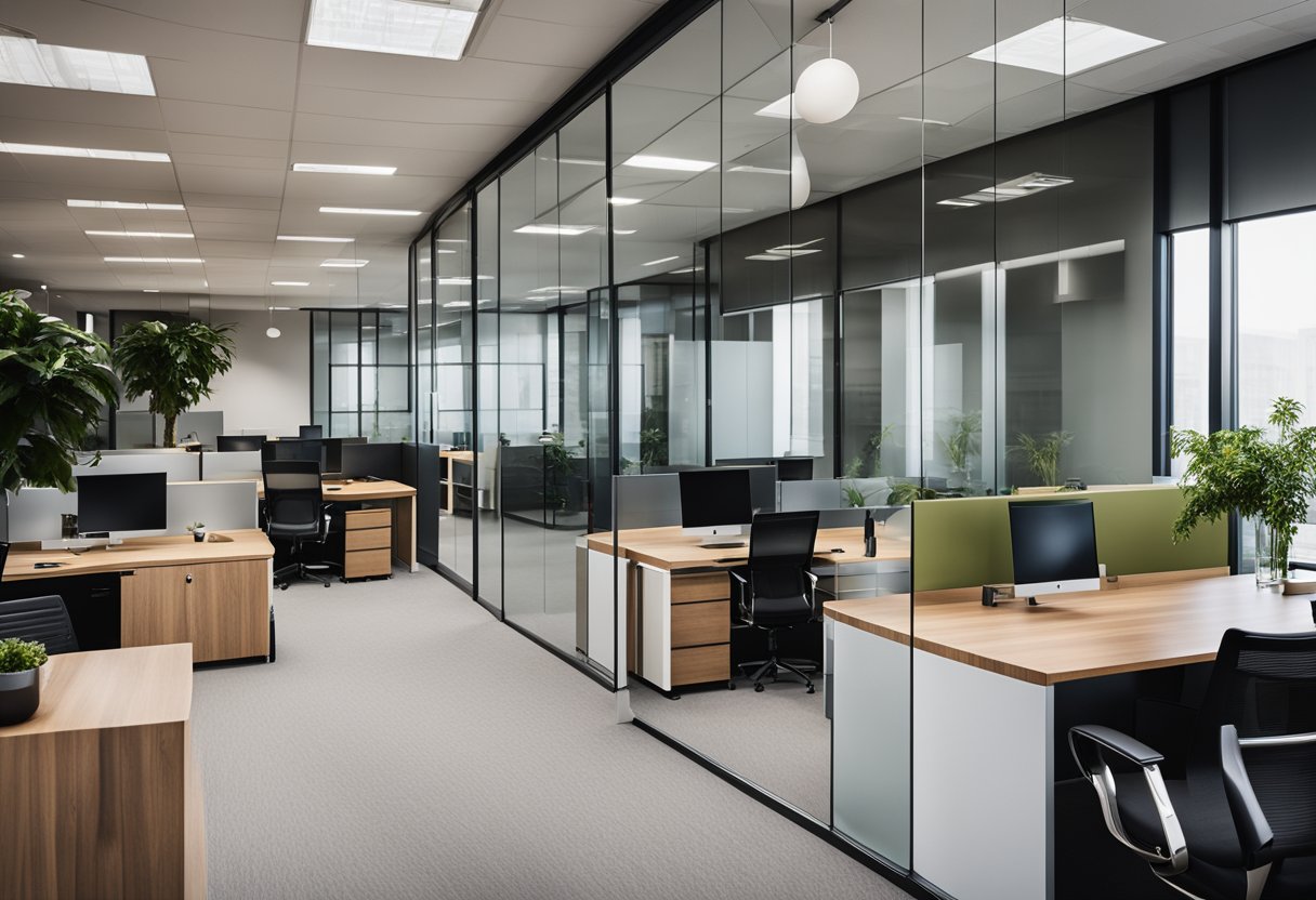 The office interior features sleek, modern furniture and clean lines. Glass partitions separate workspaces, while natural light floods the room. A mix of wood, metal, and glass materials create a contemporary and professional atmosphere