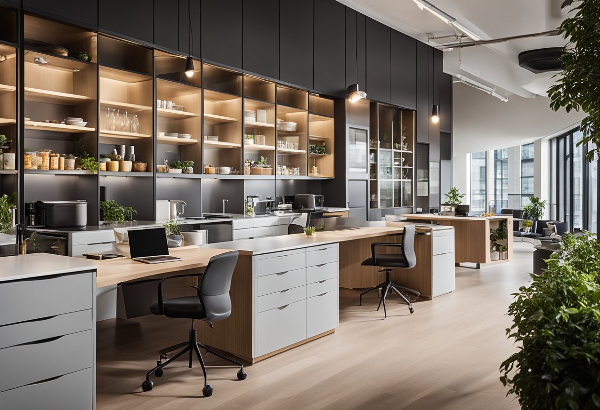 A modern, spacious office pantry with sleek countertops, a variety of seating options, and ample natural light streaming in through large windows