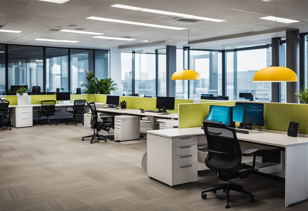 A modern office space with sleek furniture, ample natural light, and vibrant accent colors. Open floor plan with designated workstations and collaborative areas