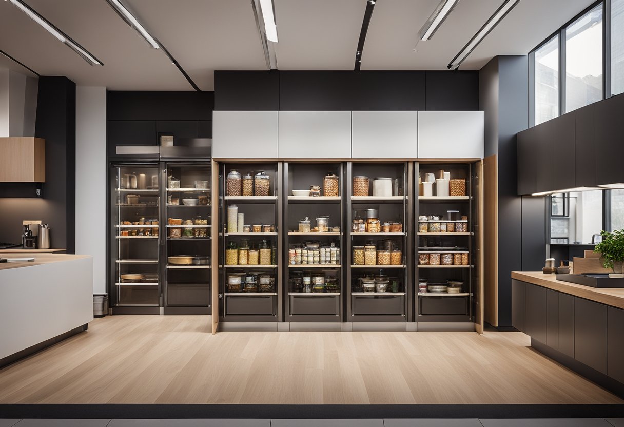 The office pantry features sleek, modern cabinetry, a large central island, and ample natural light streaming in from the windows