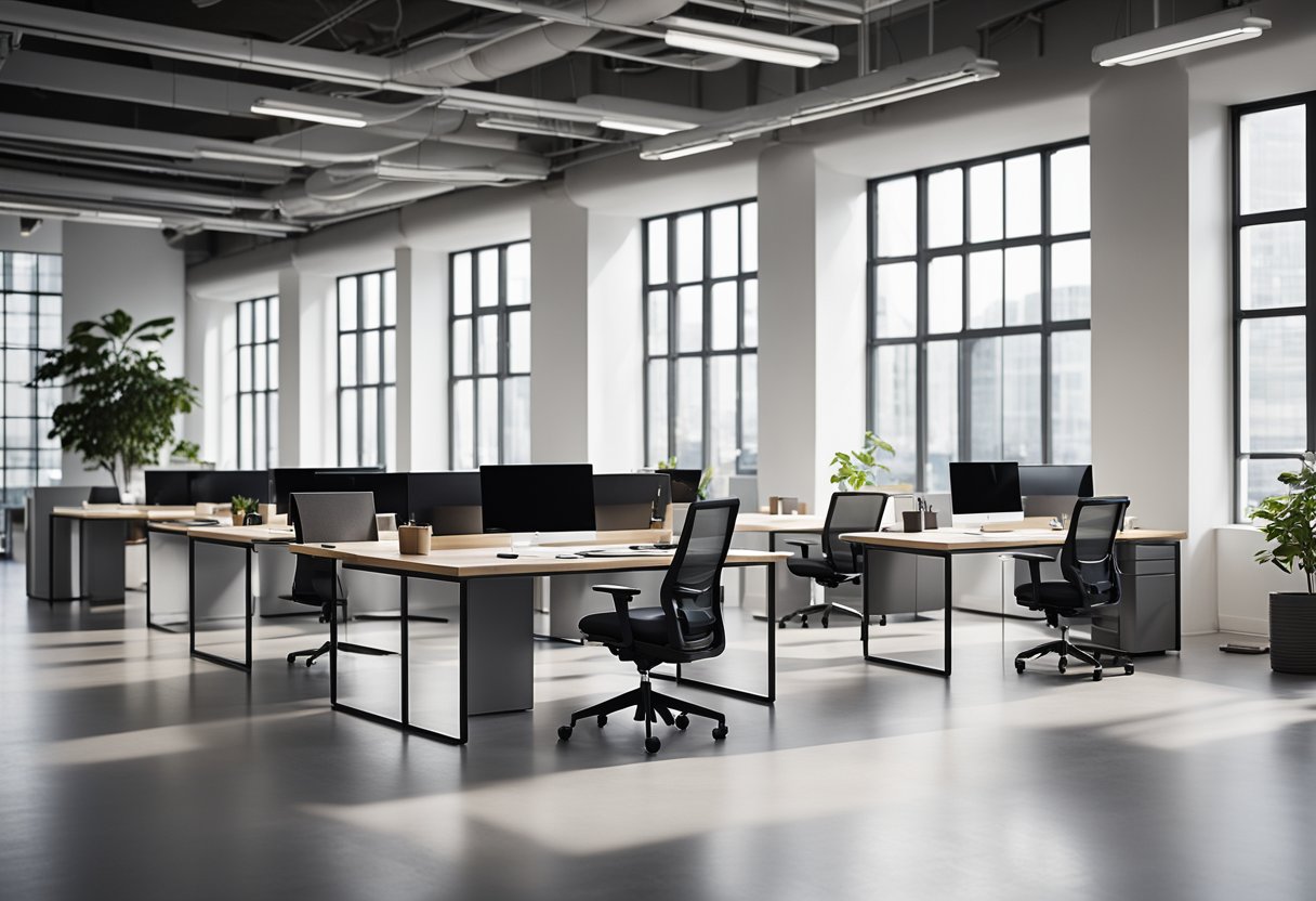 Sleek desks, ergonomic chairs, and minimalist decor fill the open space of a modern office. Large windows allow natural light to flood the room, highlighting the clean lines and contemporary furniture