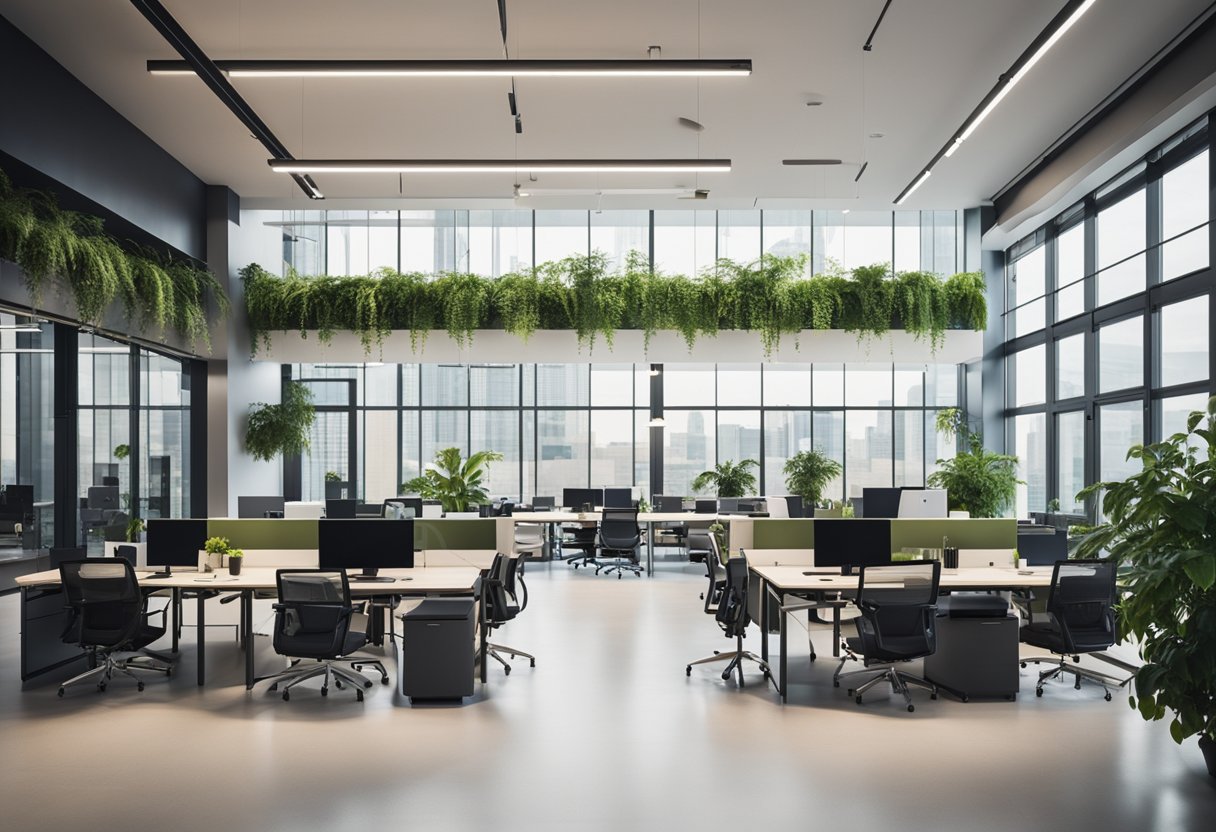 The modern design office features sleek furniture, large windows, and vibrant greenery, creating a bright and inviting workspace