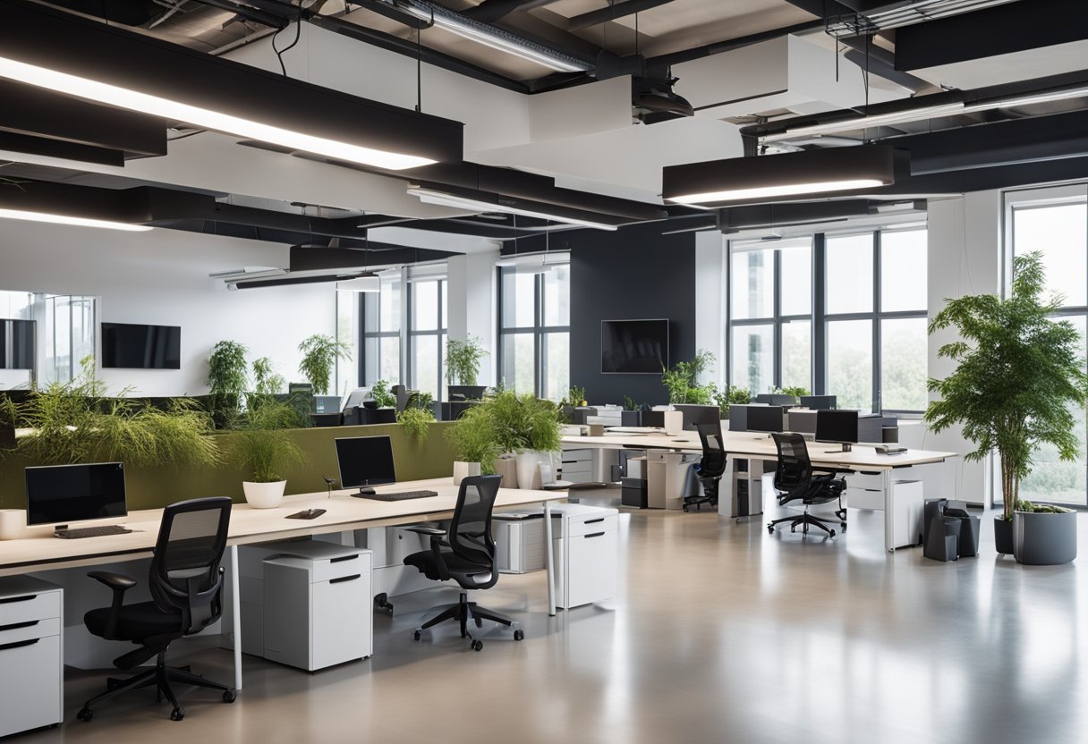 A spacious, open-plan office with sleek, minimalist furniture, large windows, and plenty of greenery. A mix of natural materials and modern technology creates a harmonious, productive environment