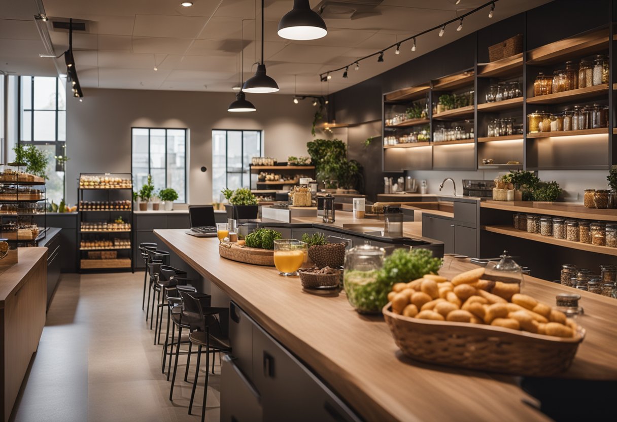 The office pantry is filled with warm, inviting colors and comfortable seating. A large communal table is surrounded by shelves of snacks and beverages, while soft lighting creates a cozy ambiance