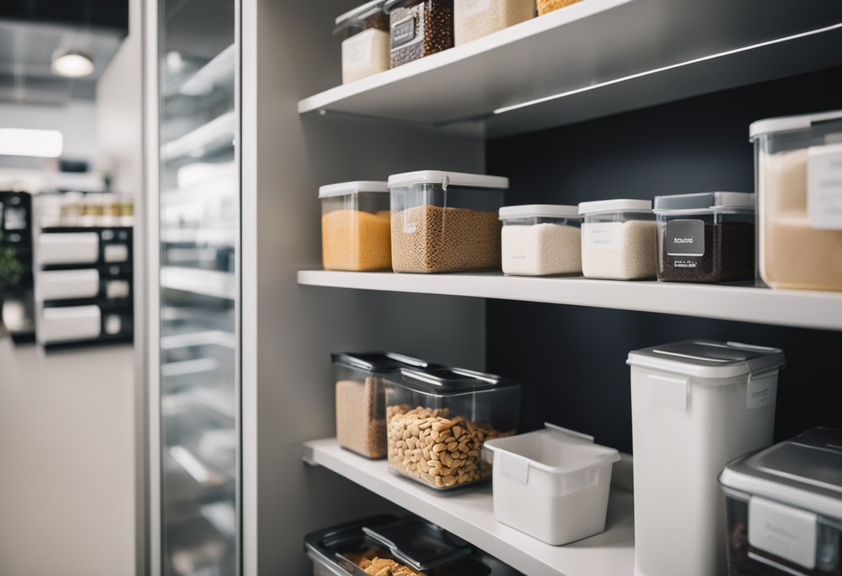 The office pantry is well-stocked with essential items like coffee, tea, snacks, and kitchen amenities. Shelves neatly organized with labeled containers and a clean, modern design