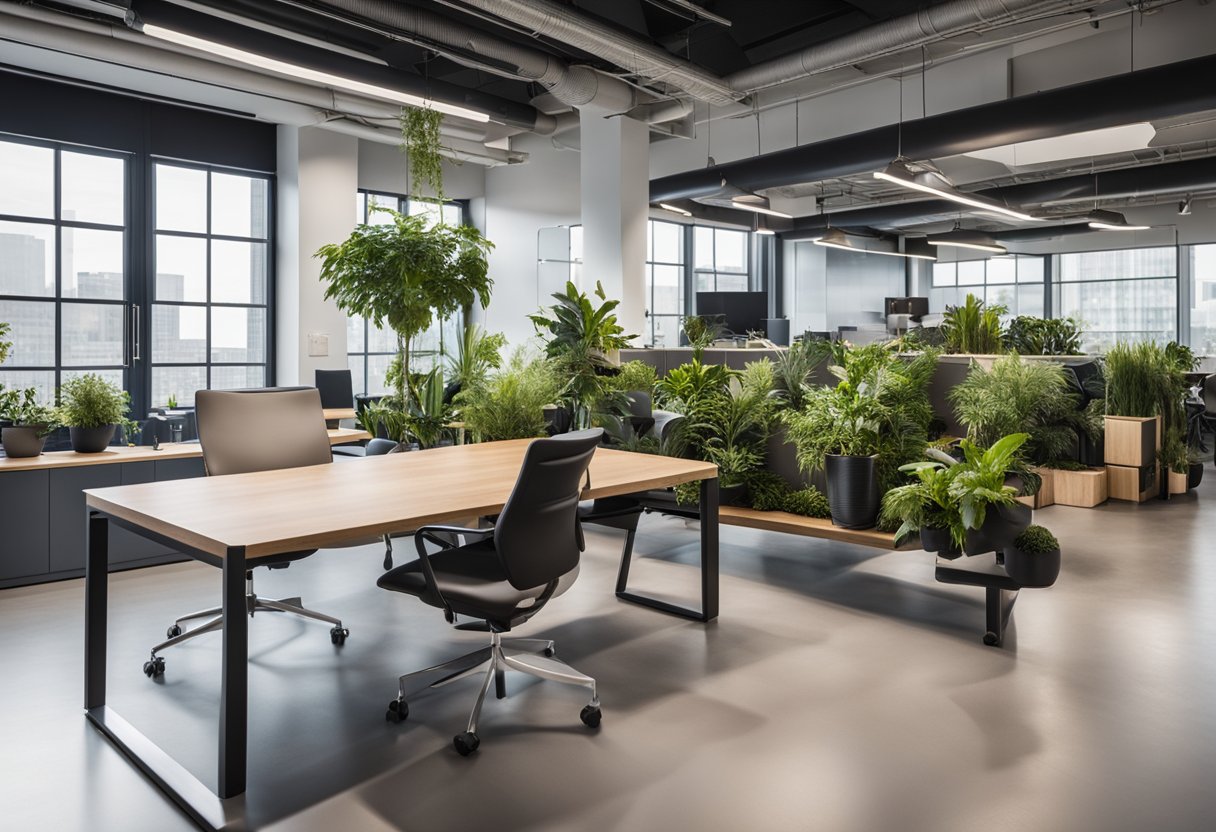 The modern office has open, collaborative spaces with natural light and ergonomic furniture. Plants and artwork add a touch of nature and creativity