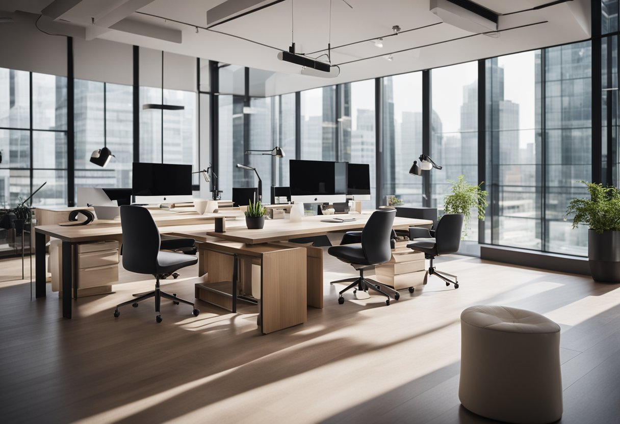 A modern design office with sleek furniture, large windows, and minimalistic decor. Design materials and tools are neatly organized on the workstations