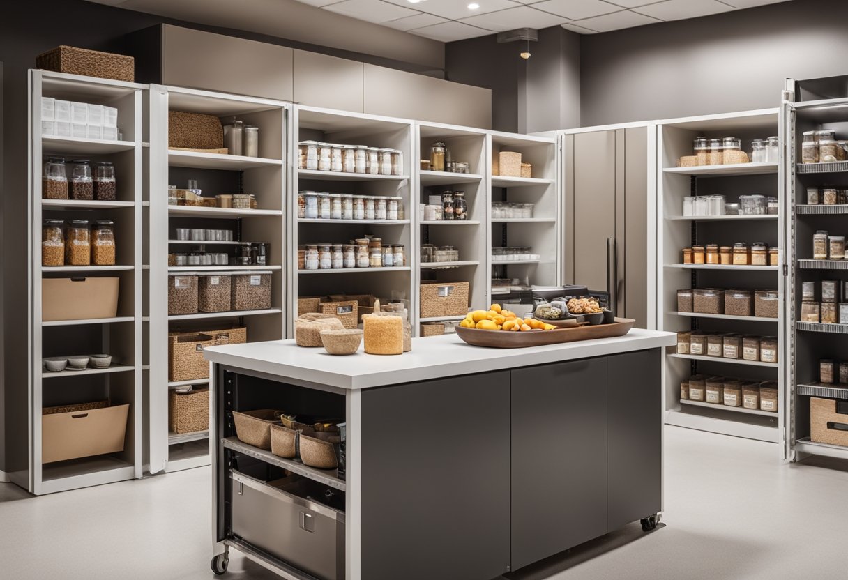 The Safety and Maintenance office pantry is clean and organized with labeled shelves, a coffee station, and a small seating area