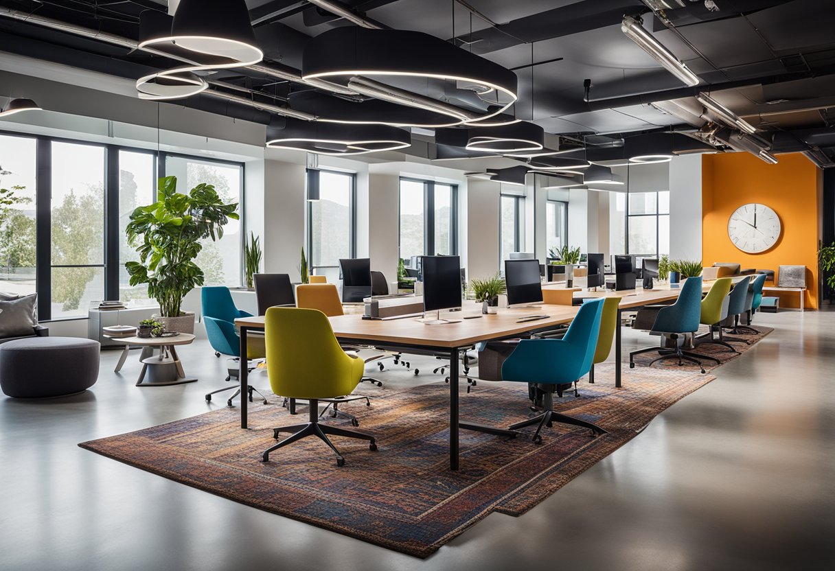 A sleek, open-plan office with vibrant colors, collaborative workspaces, and modern furniture. Brand logos and mission statements are prominently displayed, creating a strong sense of company culture and identity