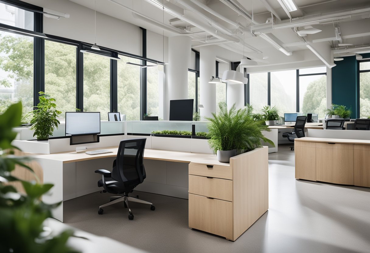 A bright, open office space with natural light, ergonomic furniture, and greenery. A designated relaxation area with comfortable seating and calming decor