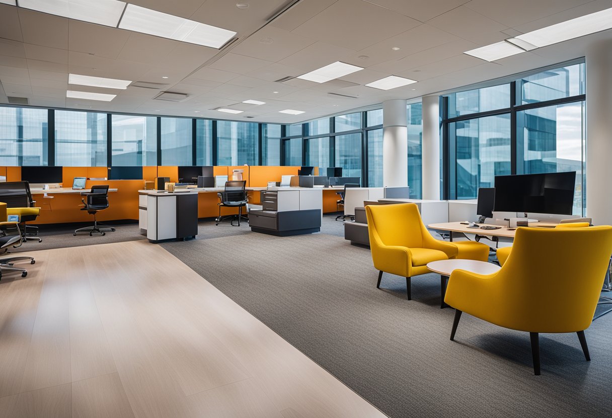 Sleek furniture, open floor plan, natural light, and vibrant color accents in a modern office space