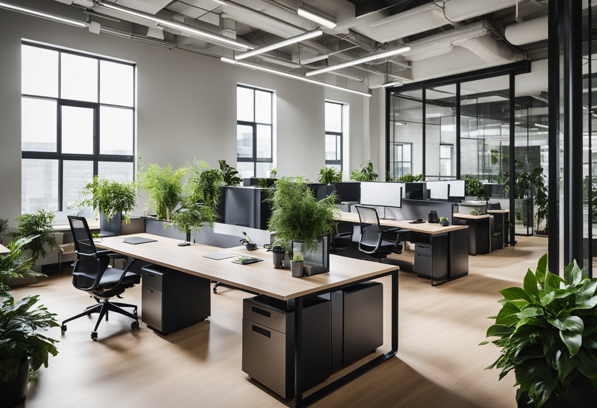 A sleek, open-plan office with flexible workstations, natural light, and greenery. High-tech amenities and collaborative spaces promote productivity and creativity