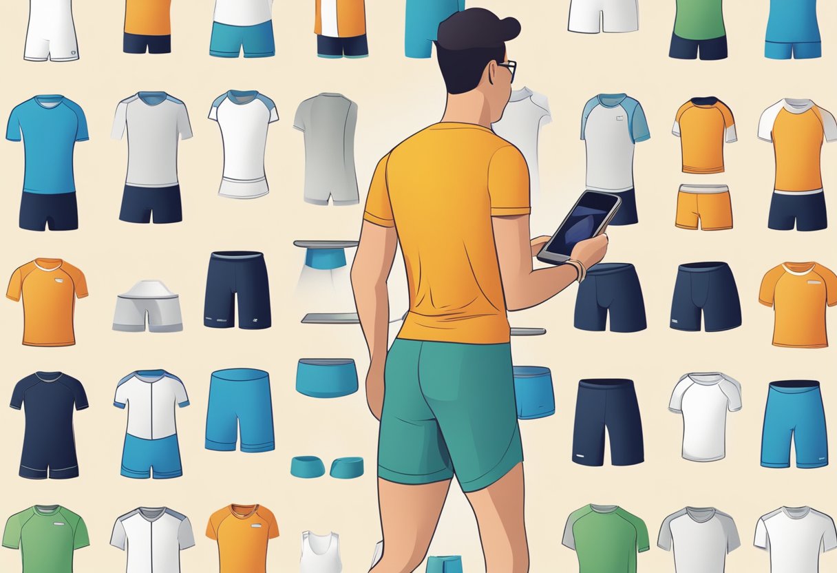 A runner searches online for moisture-wicking shorts. They browse through various options, comparing features and prices. A computer or smartphone is used for the search