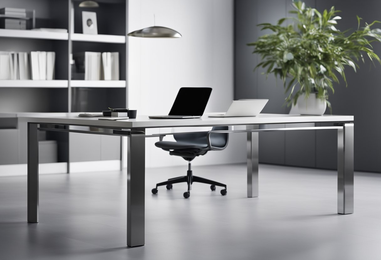 A sleek, modern office table with clean lines and a minimalist design, featuring a smooth surface and slim, metallic legs