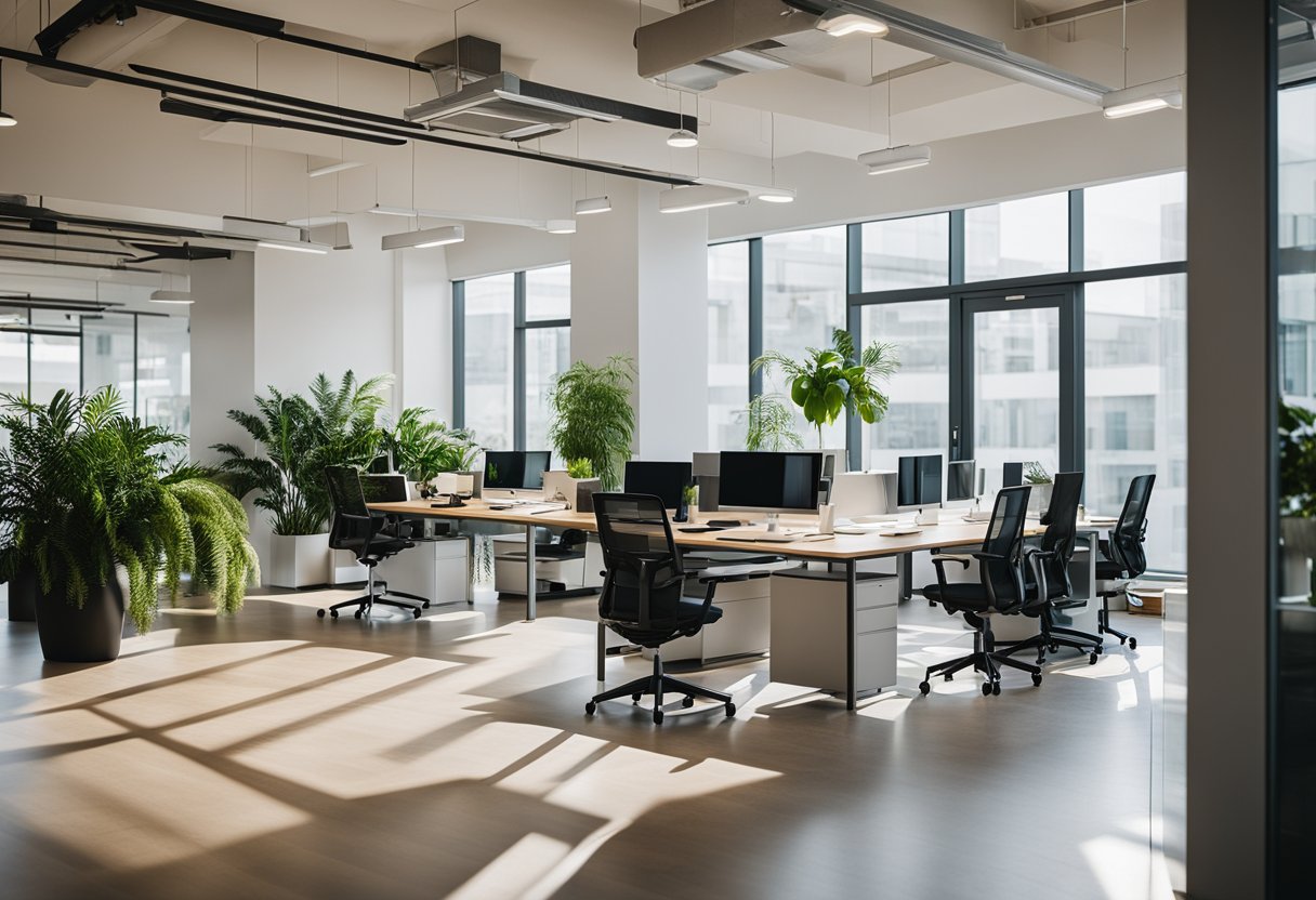 A modern office with natural light, ergonomic furniture, and collaborative workspaces. Plants and artwork add color and inspiration