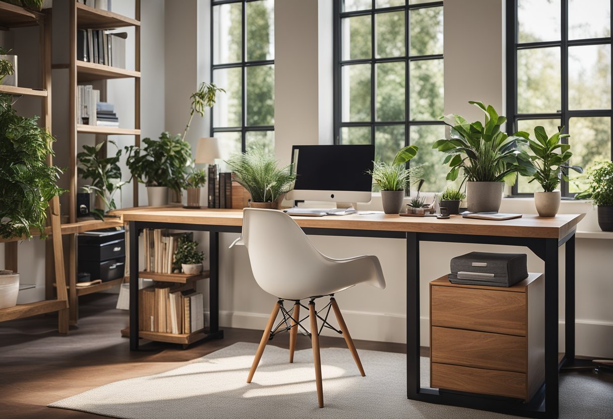 A spacious home office with a large wooden desk, ergonomic chair, bookshelves, and natural lighting from a window. Plants and artwork add a touch of warmth and creativity to the space