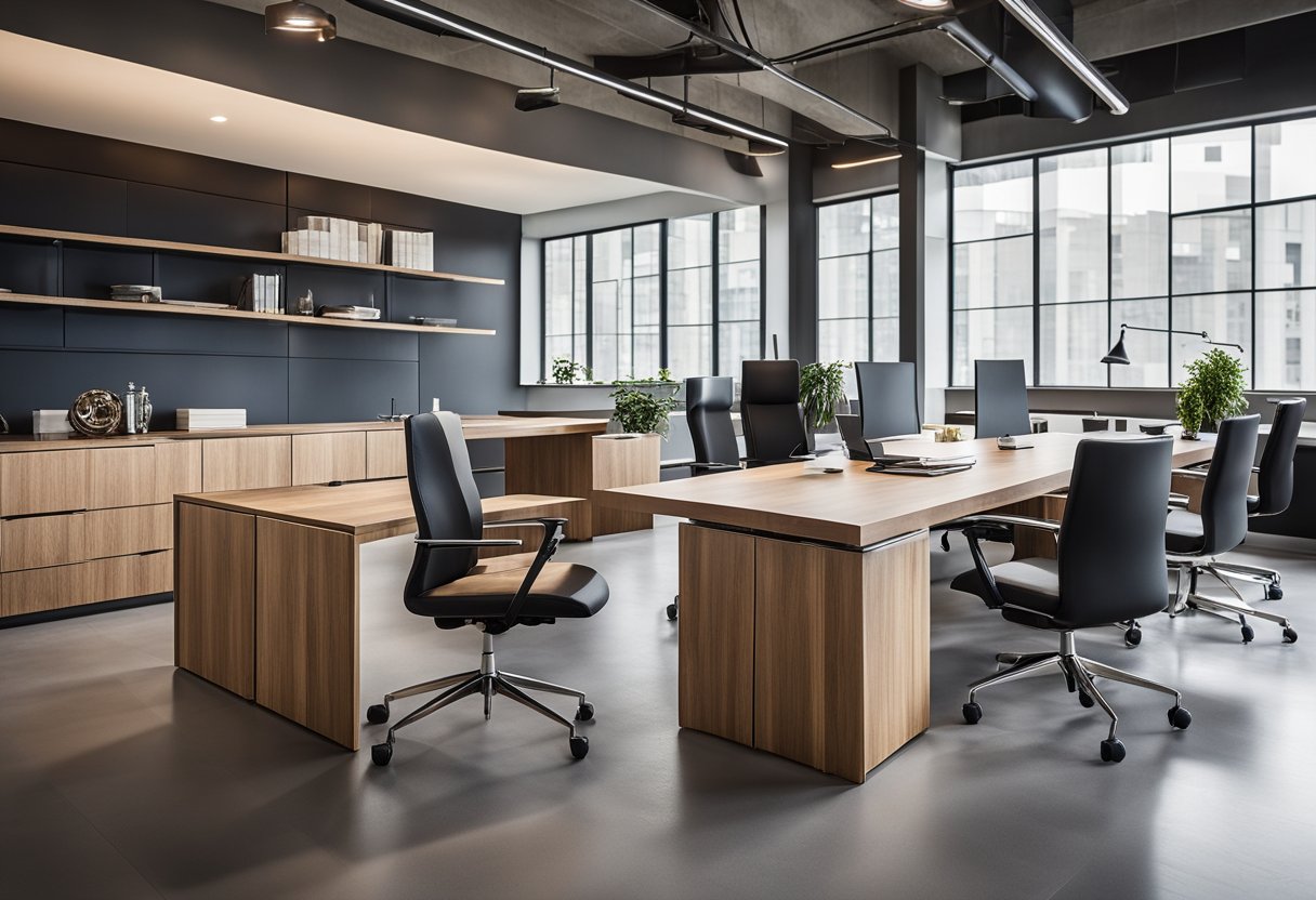 Various office tables: rectangular, round, and L-shaped. Modern designs with sleek lines and metal accents. Wood, glass, and laminate materials