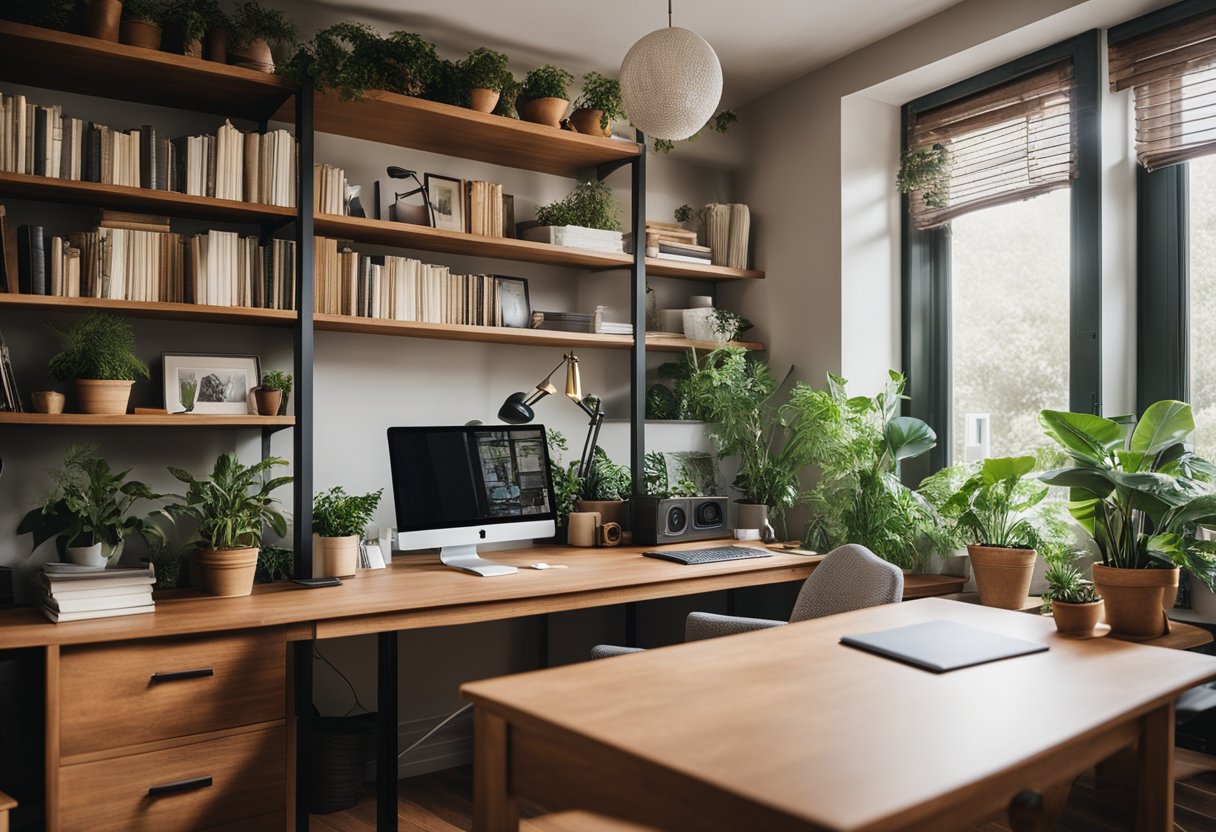 A cozy home office with a large desk, ergonomic chair, bookshelves, and plenty of natural light from a window, adorned with plants and artwork