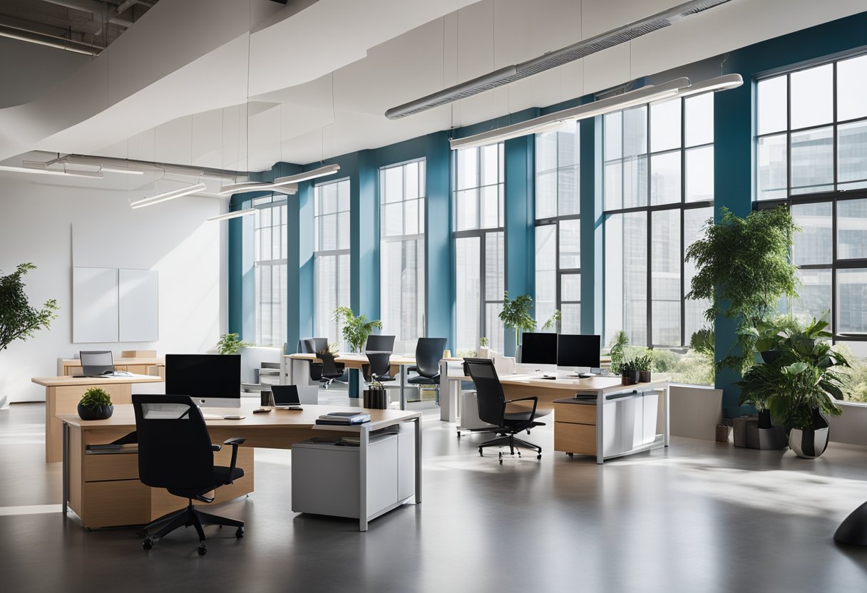 A modern, minimalist office with sleek furniture, pops of vibrant color, and personalized decor. Large windows let in natural light, creating a bright and inviting space