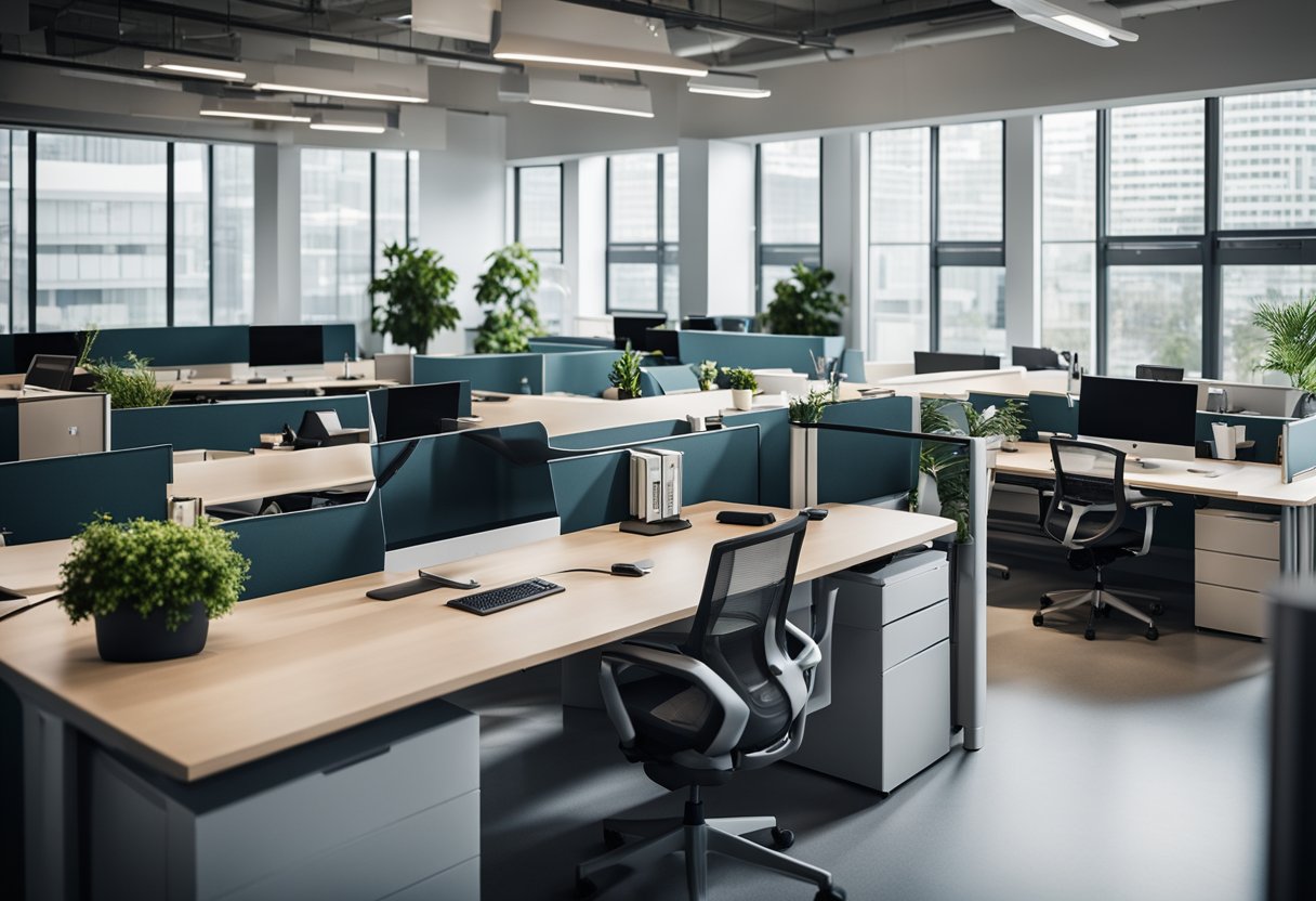 The office space features ergonomic furniture, adjustable lighting, and sound-absorbing materials for a productive and comfortable work environment