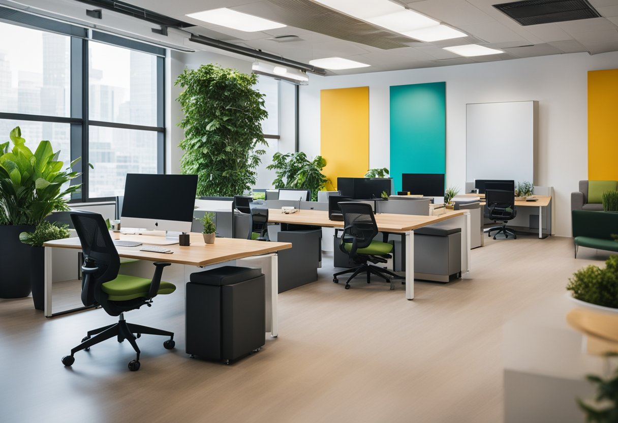 An open, bright office space with flexible workstations, vibrant colors, and plenty of natural light. Collaborative areas with comfortable seating and writable surfaces. Greenery and artwork throughout
