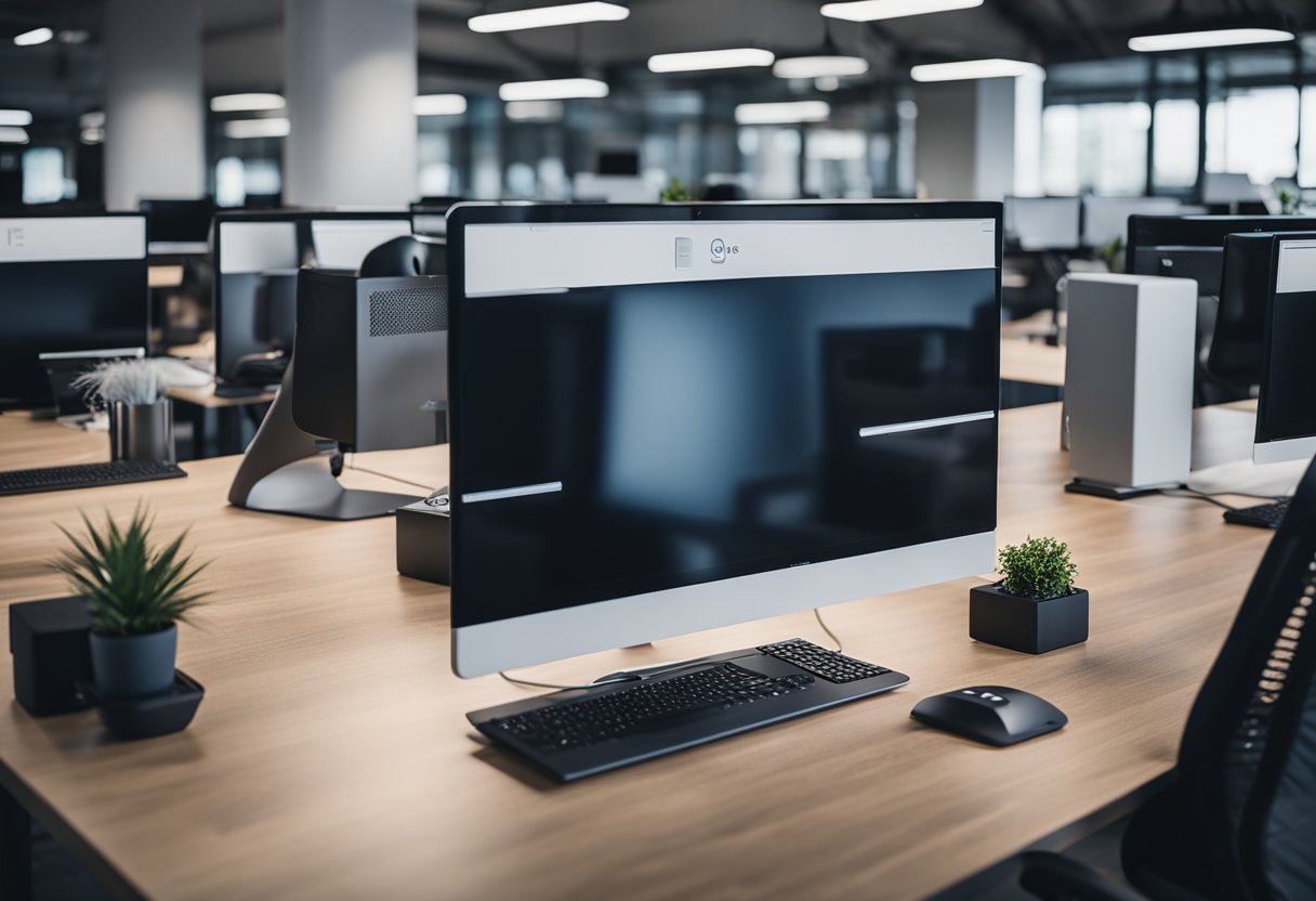 An open office layout with sleek desks, ergonomic chairs, and integrated tech gadgets like standing desks, wireless chargers, and smart lighting