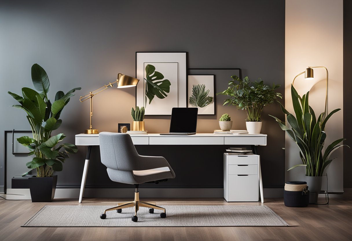 A sleek desk with a modern lamp, potted plant, and organized stationery. A comfortable chair and stylish rug complete the cozy home office