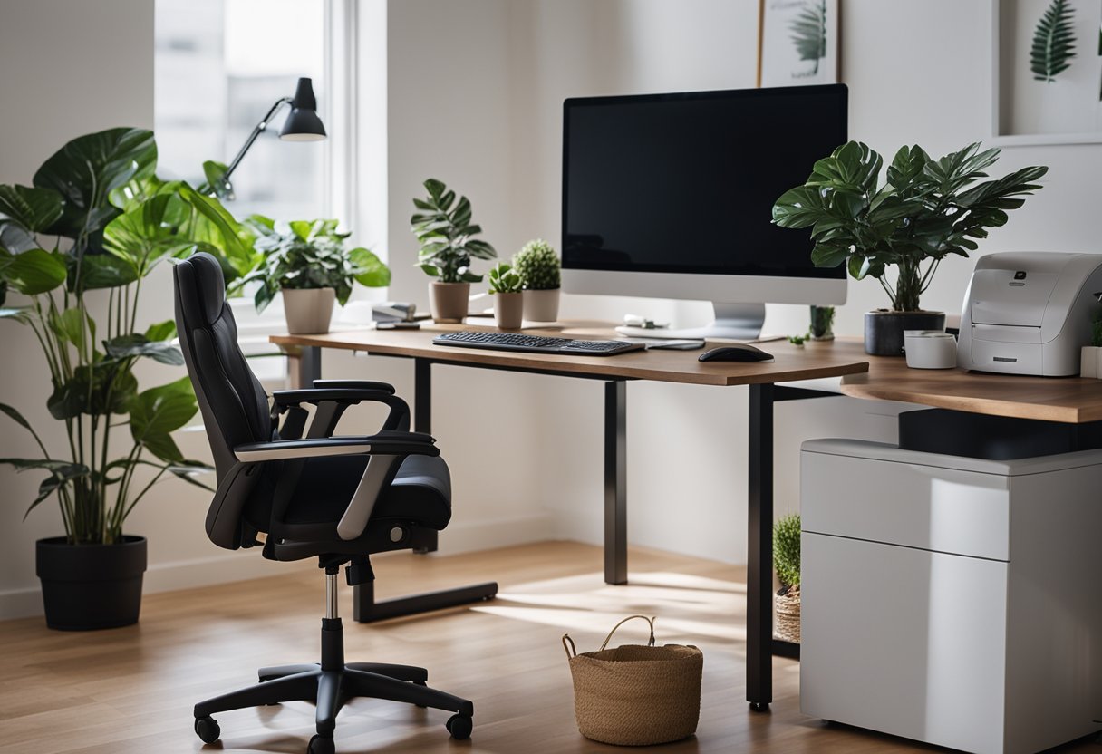 A clutter-free home office with ergonomic furniture and good lighting. A computer, printer, and organized desk supplies. A comfortable chair and a plant for a touch of nature