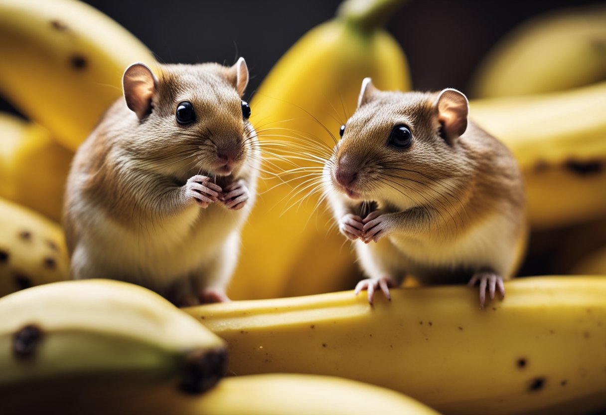 A gerbil nibbles on a ripe banana, its tiny teeth breaking through the yellow skin