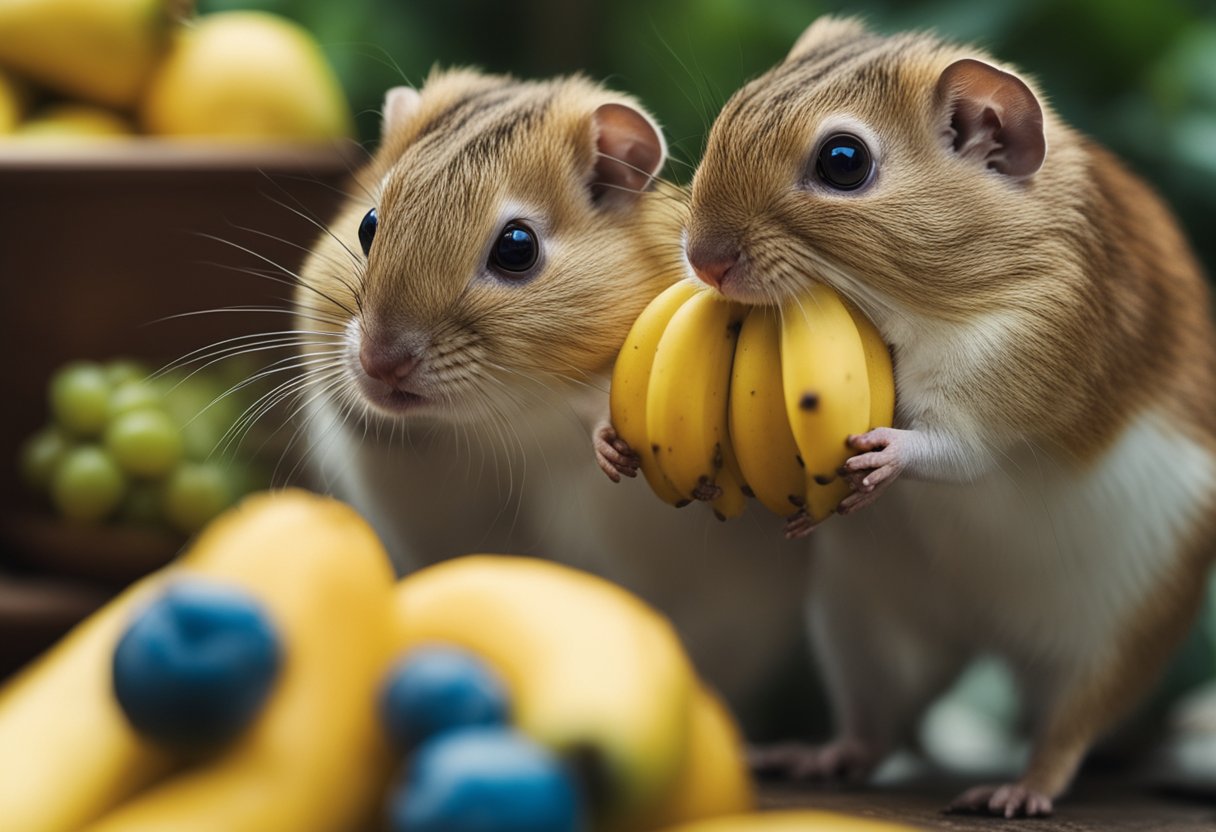A bunch of bananas next to a curious gerbil sniffing at the fruit