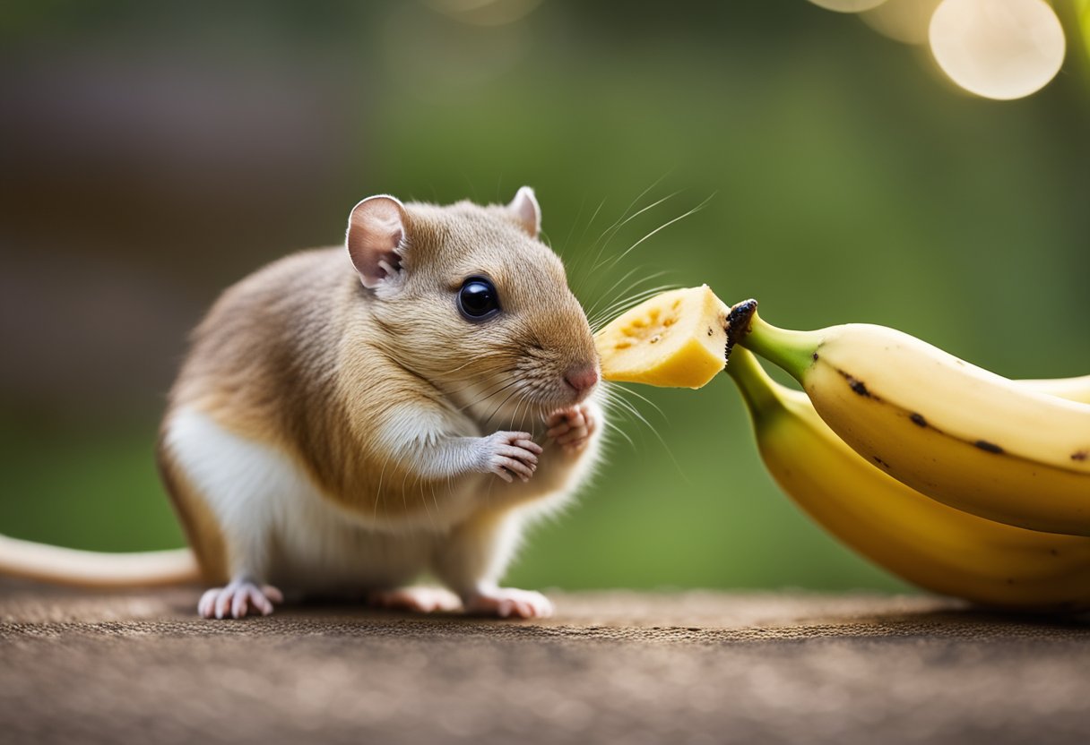 A gerbil eagerly nibbles on a ripe banana, its tiny paws holding the fruit steady as it enjoys the treat