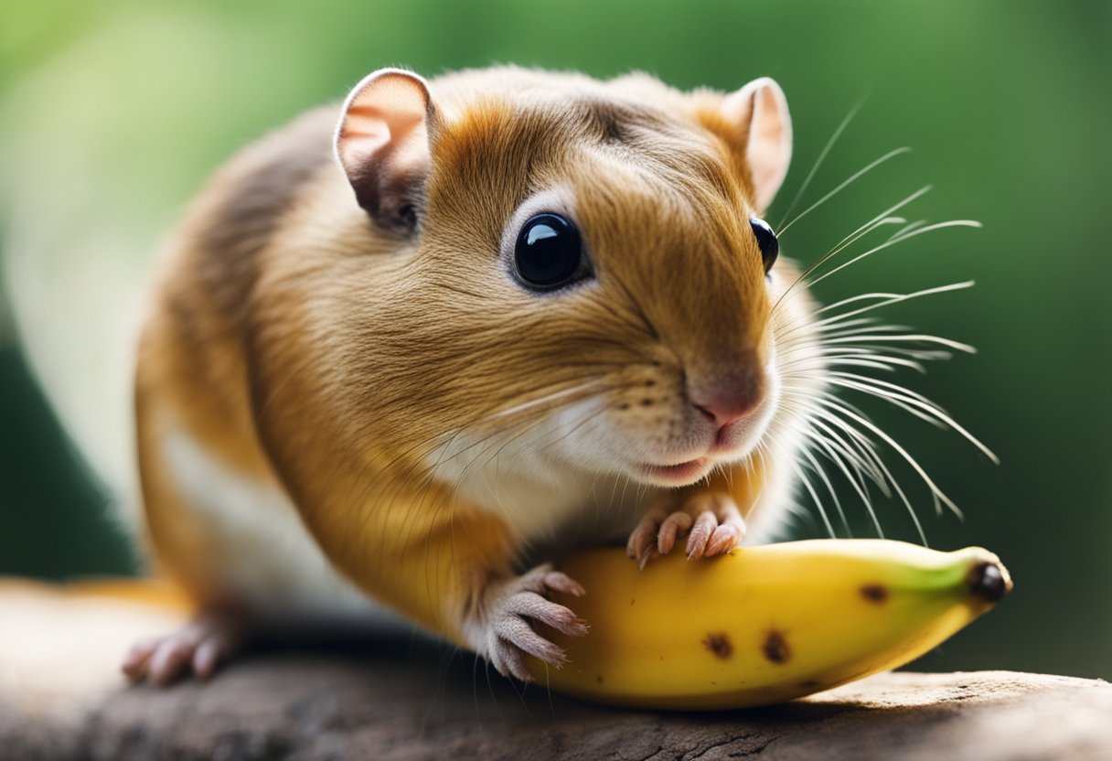 A gerbil eagerly nibbles on a ripe banana, its tiny paws holding the fruit steady as it feasts