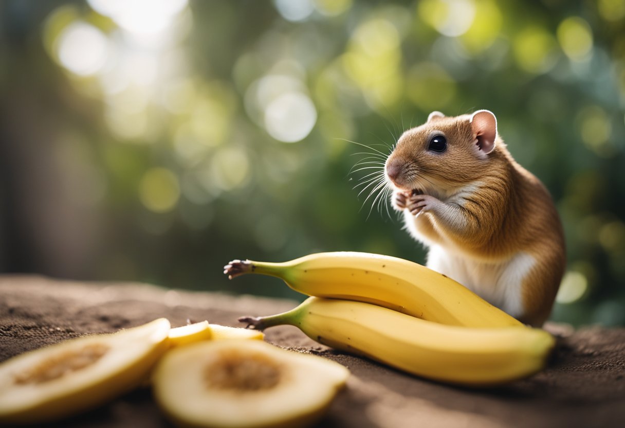 A gerbil stands on hind legs, sniffing a ripe banana with curiosity