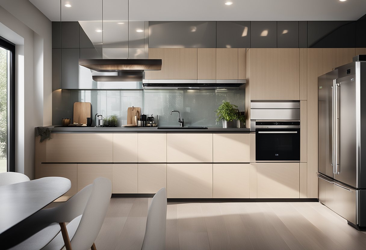 A spacious kitchen with sleek, modern cabinets, integrated appliances, and ample storage. Natural light floods the room, highlighting the clean lines and minimalist design