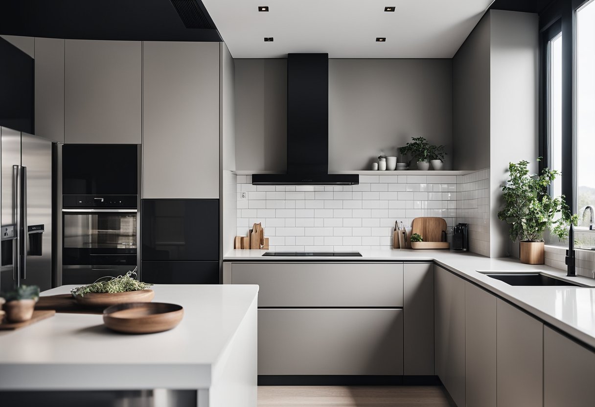 A modern kitchen with sleek, handle-less cabinets in a minimalist style, featuring clean lines and a monochromatic color scheme