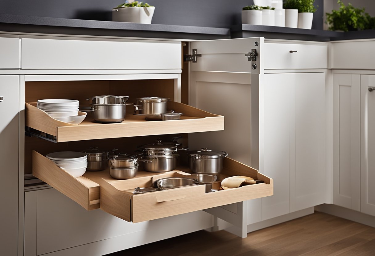 The kitchen cabinet doors swing open to reveal adjustable shelves and pull-out drawers, maximizing storage space and functionality
