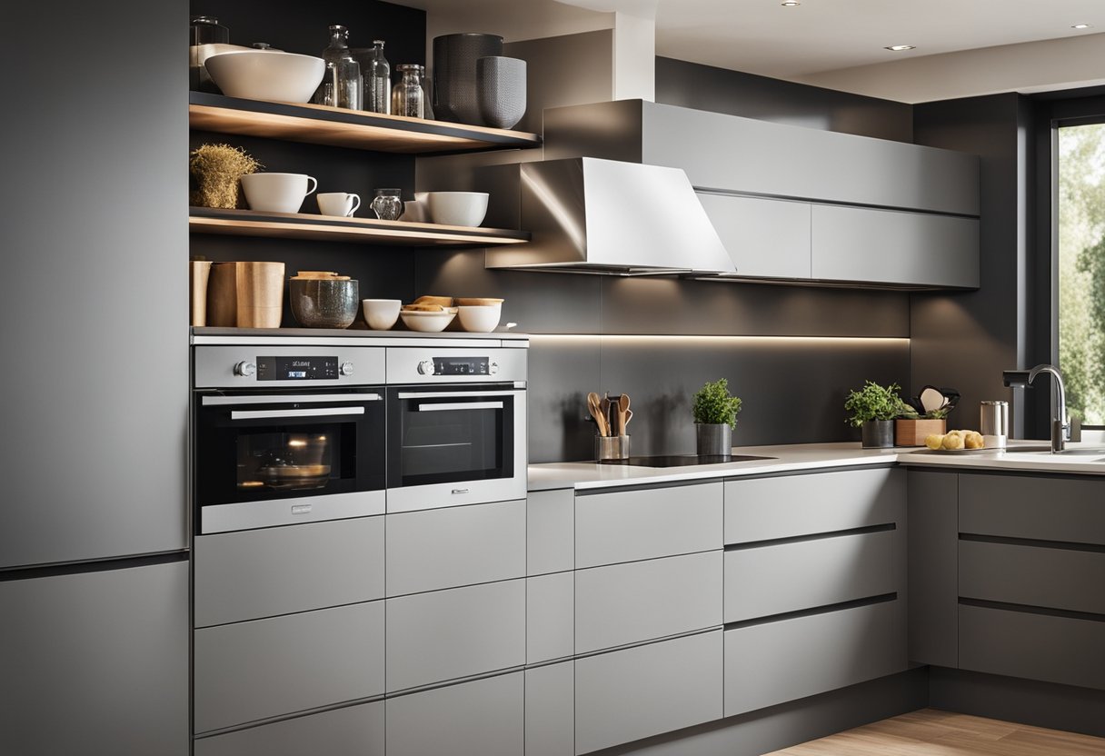 A modern kitchen with sleek, innovative cabinet designs and extra features like pull-out shelves and hidden storage compartments