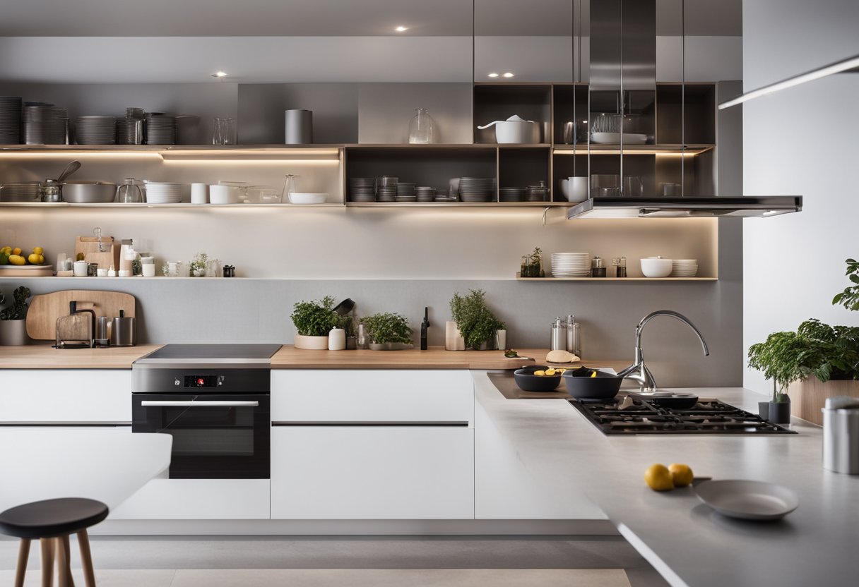 A modern kitchen with sleek, white cabinets and integrated lighting. Open shelves display neatly organized cookware and utensils. A large island provides ample workspace